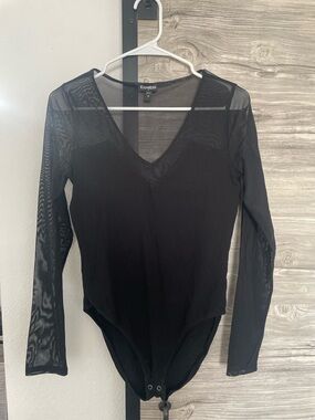 Express Black Sheer-Panel V-Neck Long-Sleeve Bodysuit